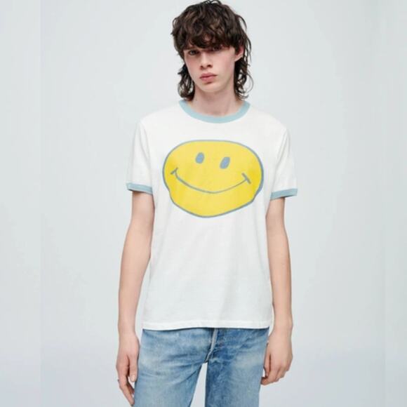 Re/Done T-shirt White Smiley Face Graphic Short Sleeve Ringer Tee Size Small - Picture 1 of 7